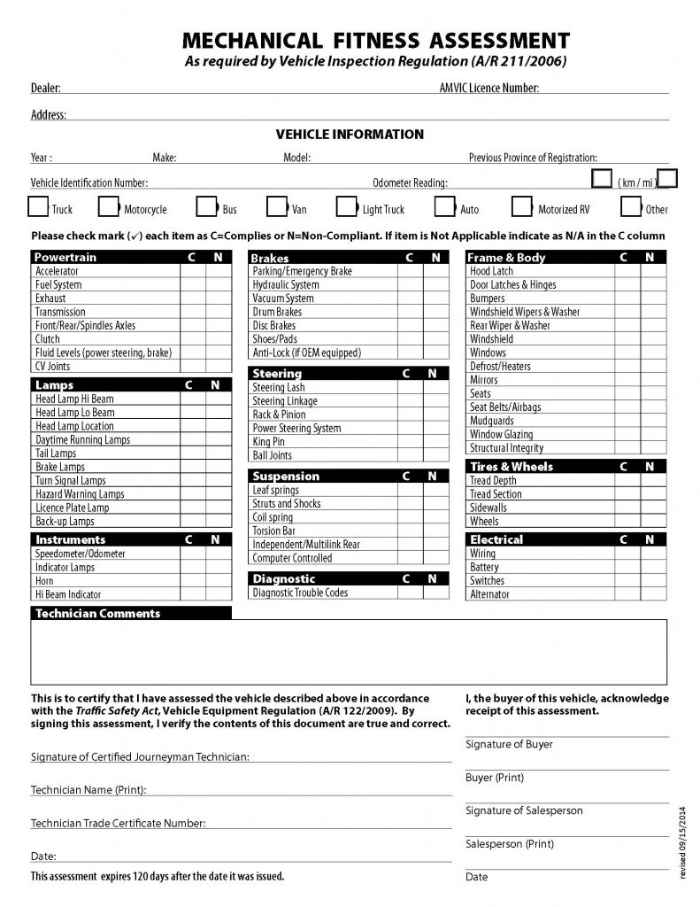 AMVIC's Mechanicl Mechanical Safety Assessment Sheet